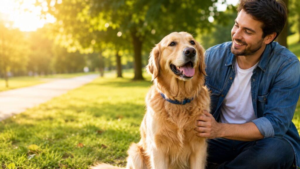 Happy golden retriever enjoying a healthy daily routine outdoors with its owner.