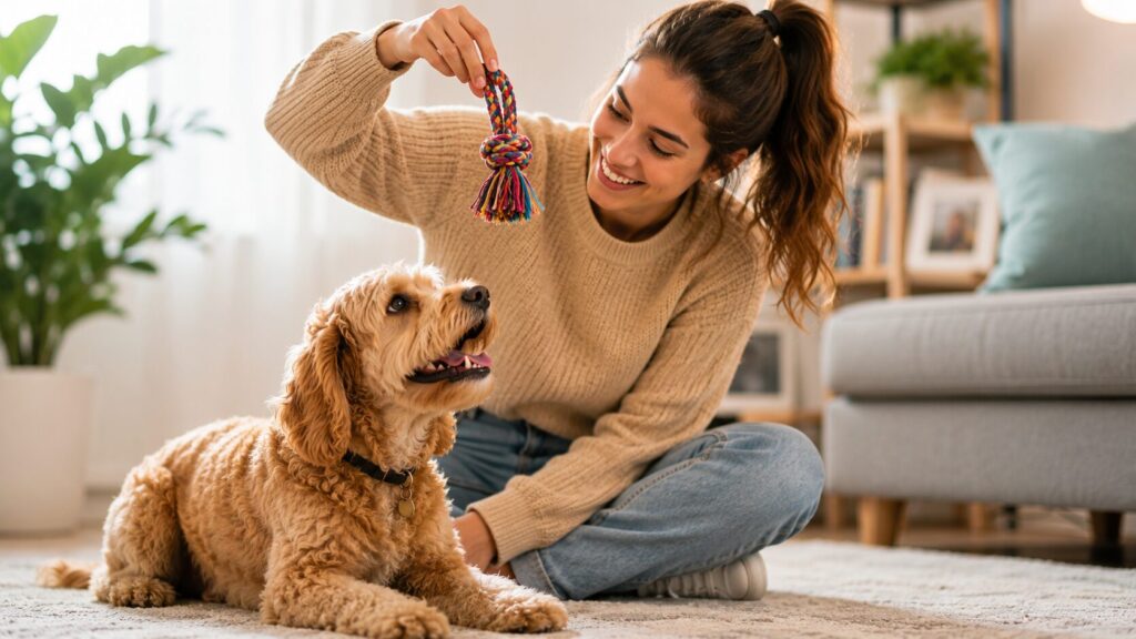 Young woman playing with her happy Cockapoo dog using a rope toy inside a bright modern living room.