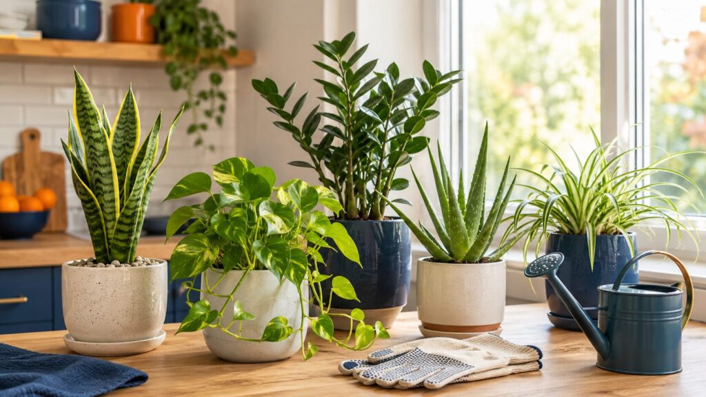 Low-maintenance indoor plants on a sunny kitchen windowsill for beginner plant owners.