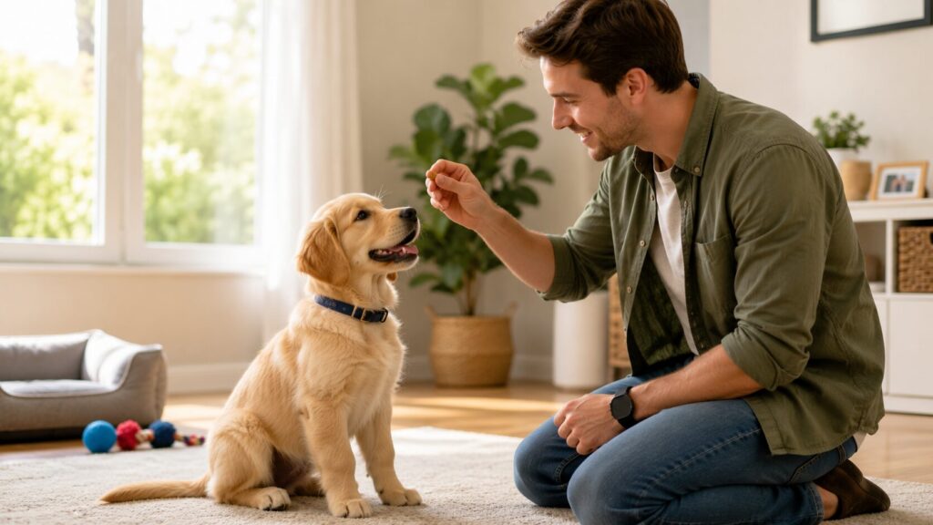 New dog owner training a happy puppy at home while avoiding common mistakes.