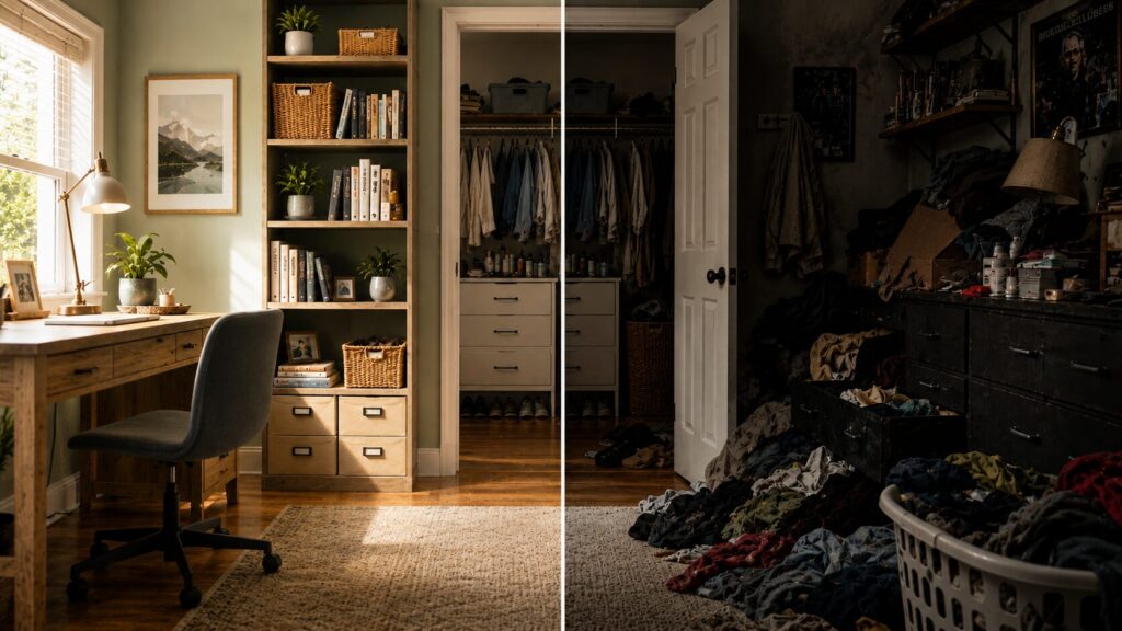 Side-by-side comparison of a clean organized home office and a cluttered room showing the impact of home organization