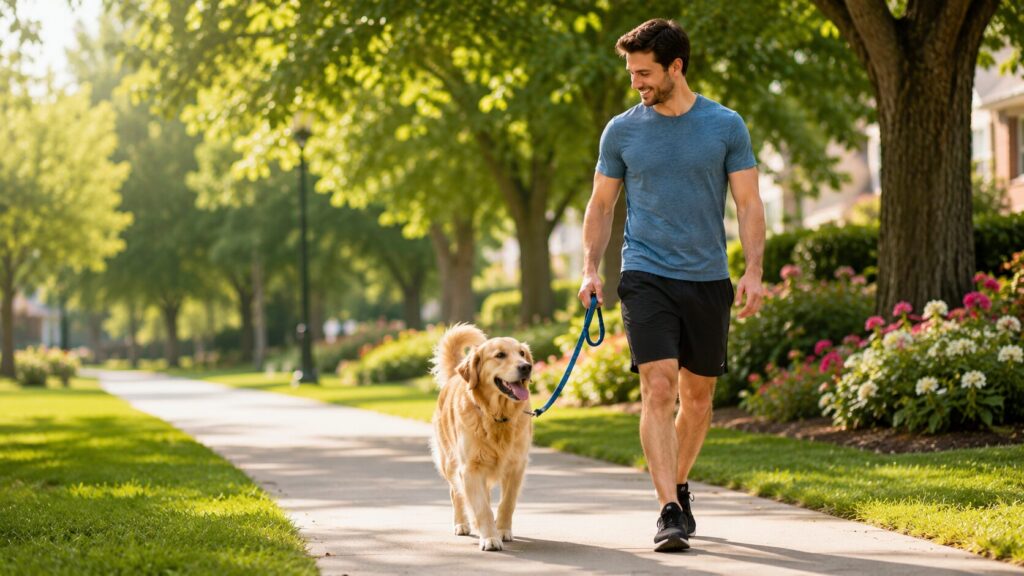 Healthy golden retriever enjoying a relaxing walk with its owner in a sunny park.