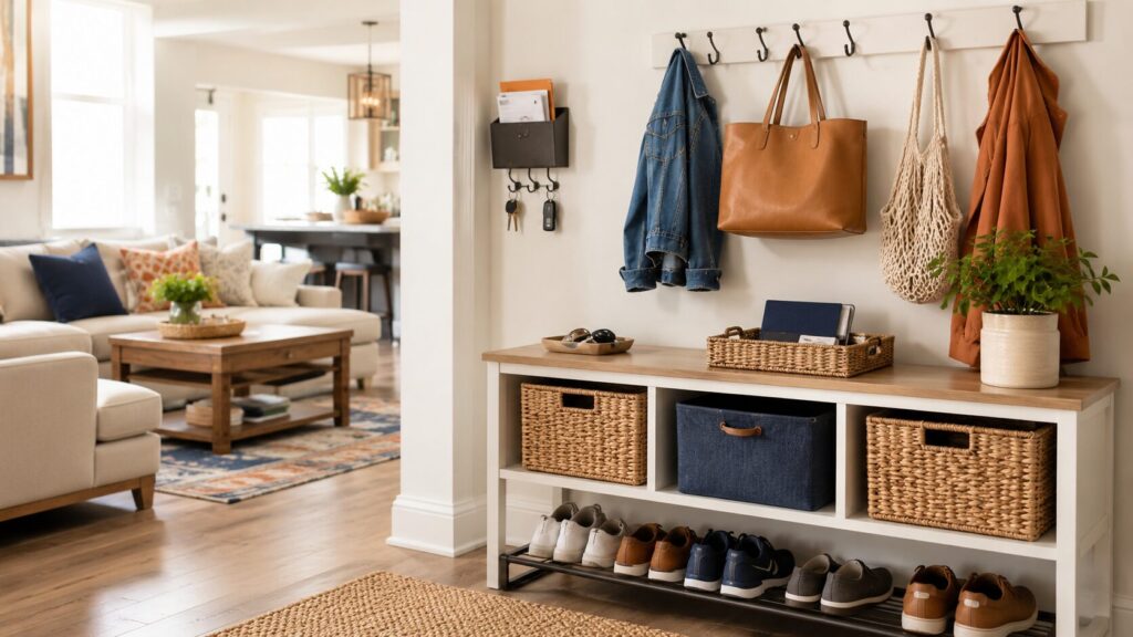 Organized home entryway with baskets, shoes, and simple storage for a busy household.