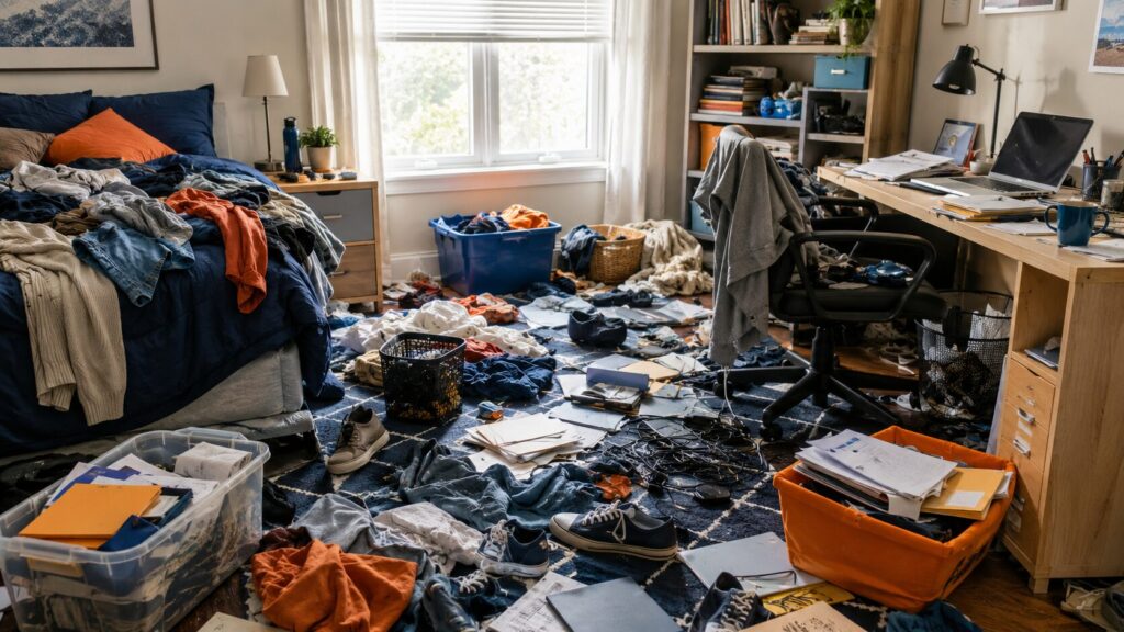 Very messy bedroom and home office with clothes, papers, shoes, and clutter spread across the floor