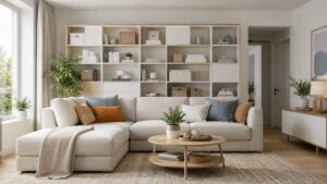 A bright and organized living room with neutral decor, clean shelves, plants, and a calm minimalist style