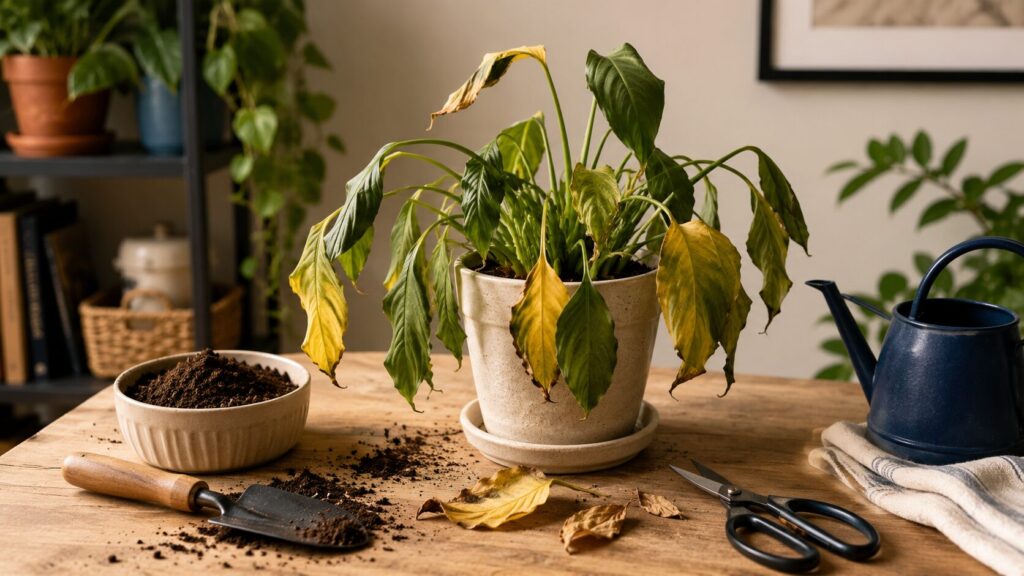 Drooping houseplant with yellow leaves on a wooden table with pruning scissors, fresh soil, and a small watering can.