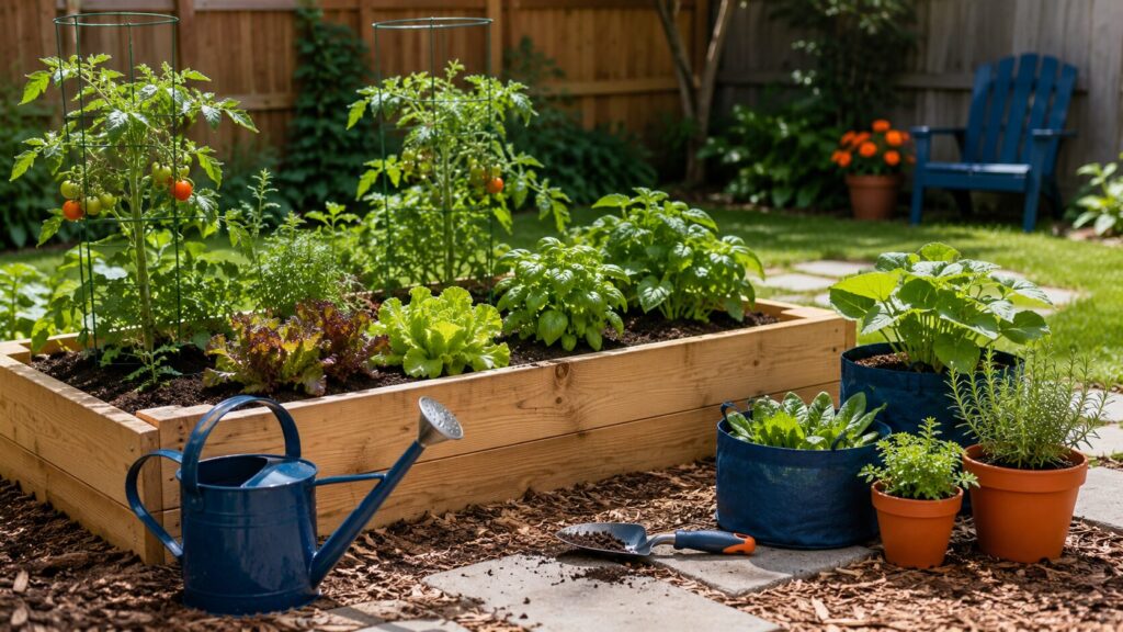 Small backyard garden with raised beds, containers, herbs, vegetables, simple tools, and warm natural sunlight.