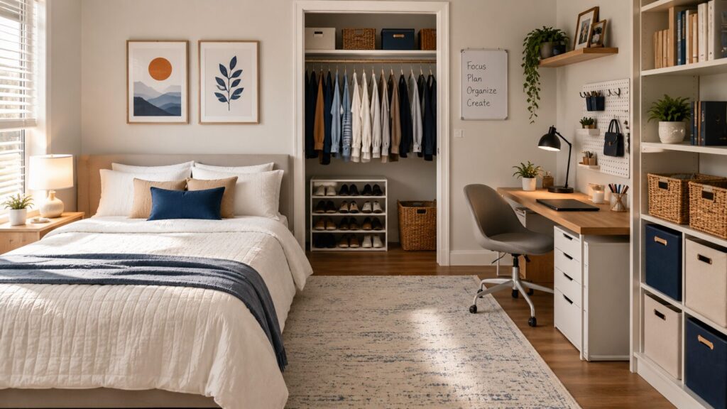 Organized bedroom and home office with a made bed, clean desk, neat closet, shelves, storage baskets, and soft natural light.