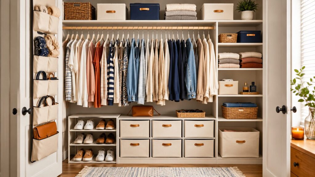 Small organized bedroom closet with folded clothes, labeled storage boxes, slim hangers, and simple shelves.