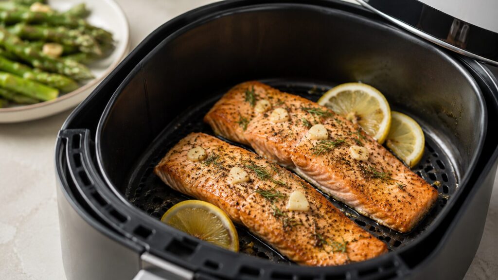 Lemon garlic salmon fillets cooked in an air fryer