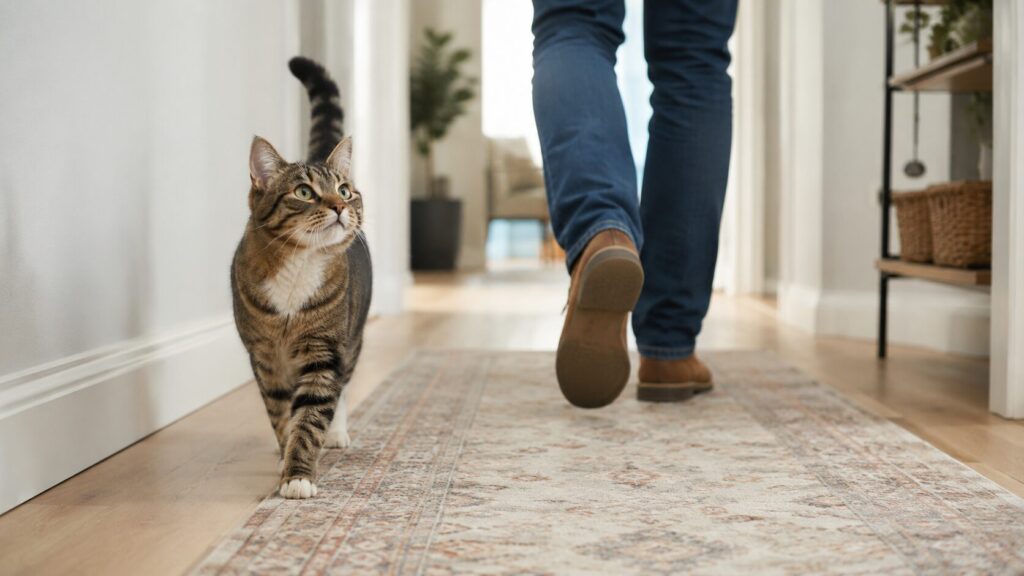 Curious cat following a person through a bright home