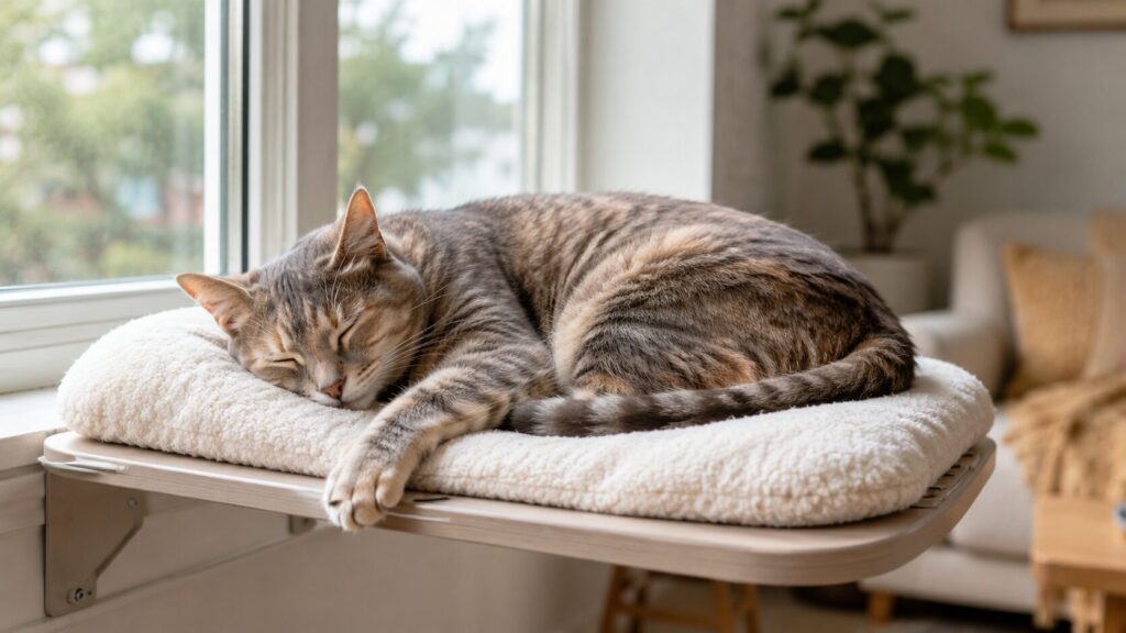 Relaxed house cat sleeping on a soft window perch in daylight
