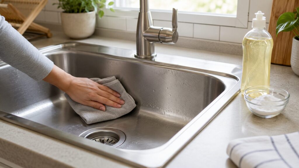 Sparkling stainless steel sink being cleaned with a soft cloth