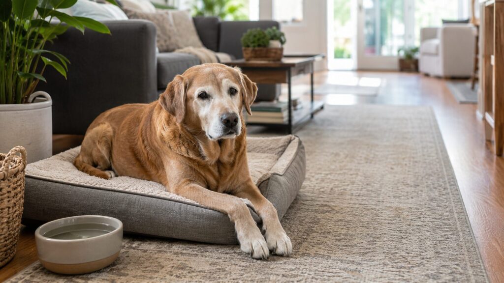 Senior dog resting comfortably beside a nonslip rug and low bed