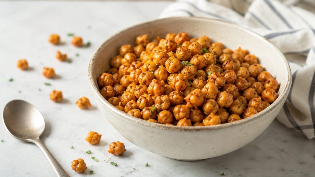 Bowl of crispy roasted chickpeas with paprika seasoning