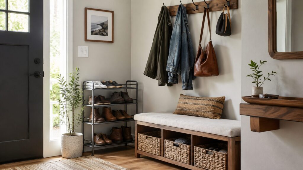 Clean organized entryway with bench, hooks, and shoe storage