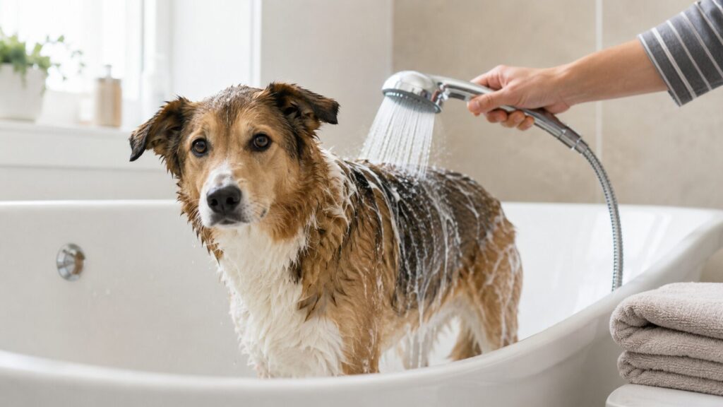 Clean dog being gently bathed at home in a bright bathroom