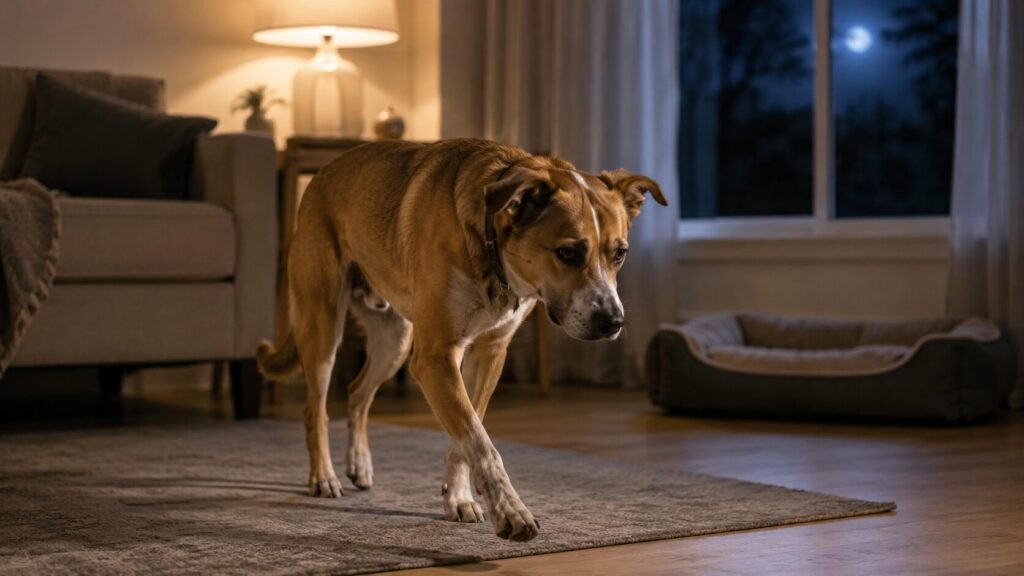 Restless dog pacing through a quiet living room at night