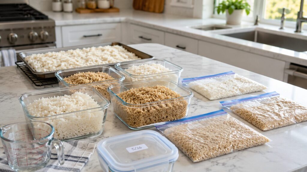 Cooked rice divided into labeled freezer-safe containers