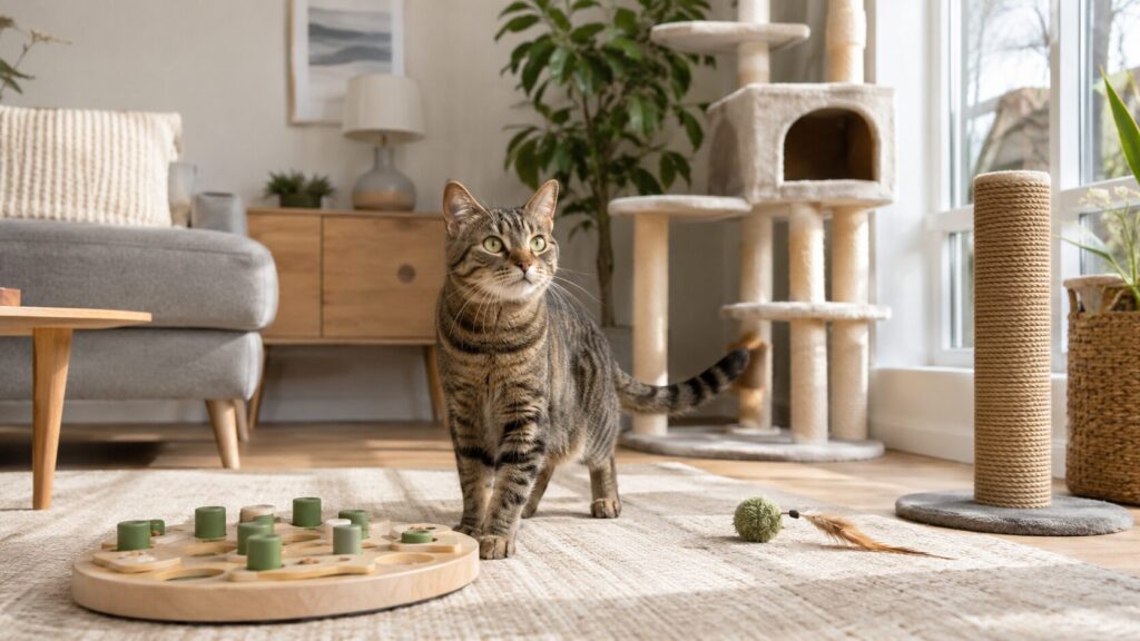 Indoor cat exploring a home with toys, cat tree, and window perch