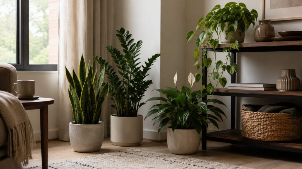 Stylish apartment corner with several low-light houseplants