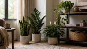 Stylish apartment corner with several low-light houseplants