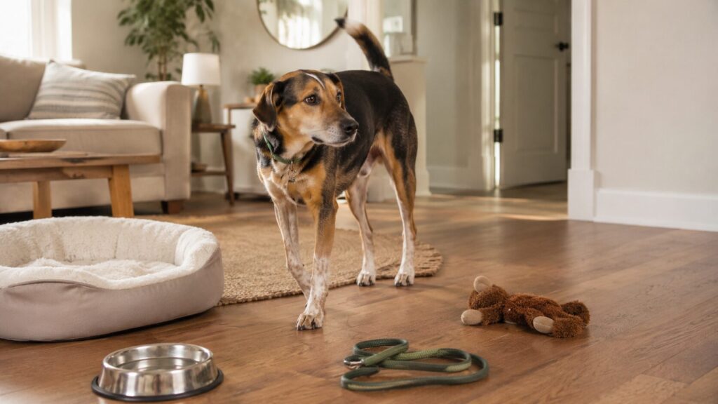 Newly adopted dog calmly exploring a bright home living area