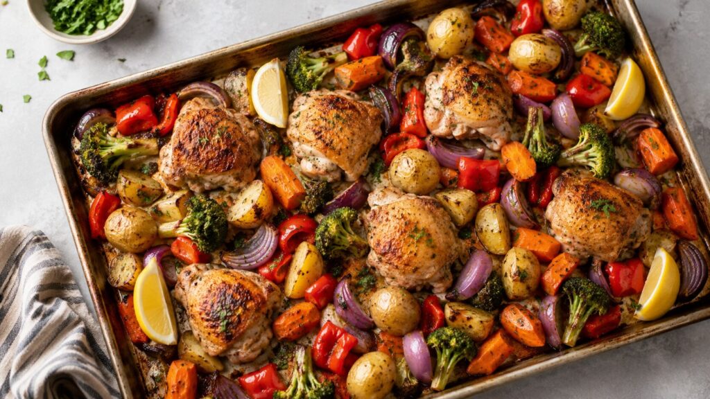 Roasted chicken and colorful vegetables on a sheet pan