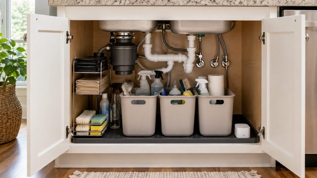 Safely organized cabinet under a kitchen sink