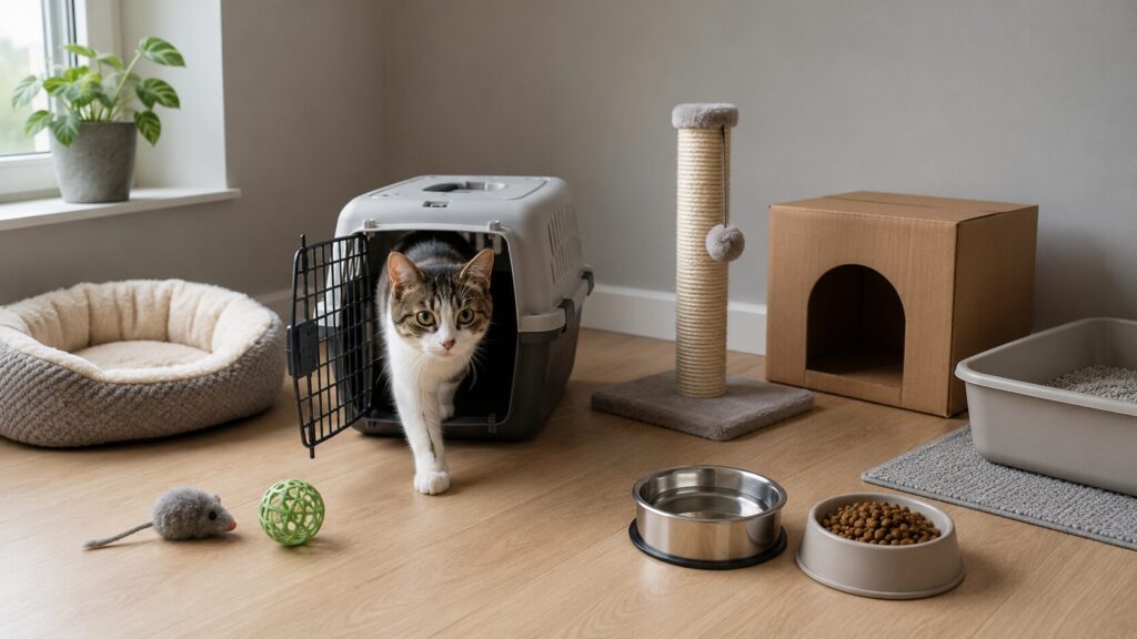 Quiet room prepared with supplies for a newly adopted cat