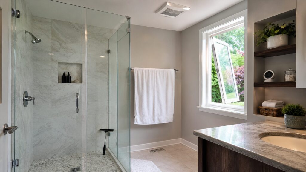 Bright bathroom with ventilation and dry shower surfaces