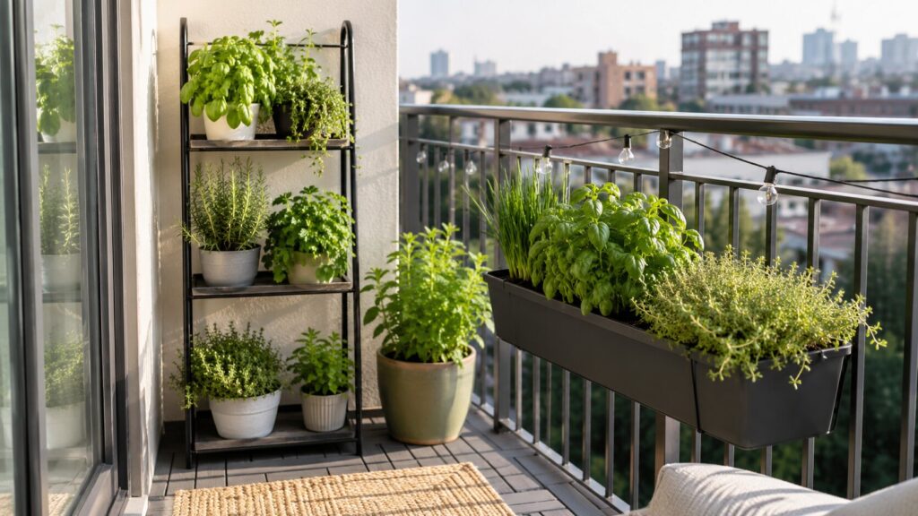 Compact balcony garden with several healthy culinary herbs
