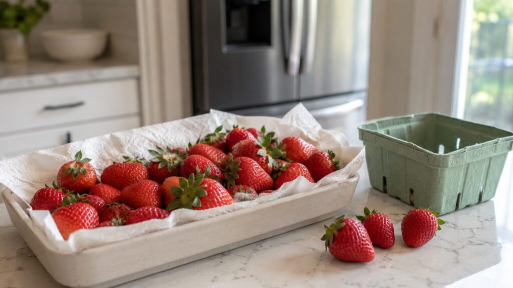 Fresh strawberries arranged in a shallow container lined with paper towel